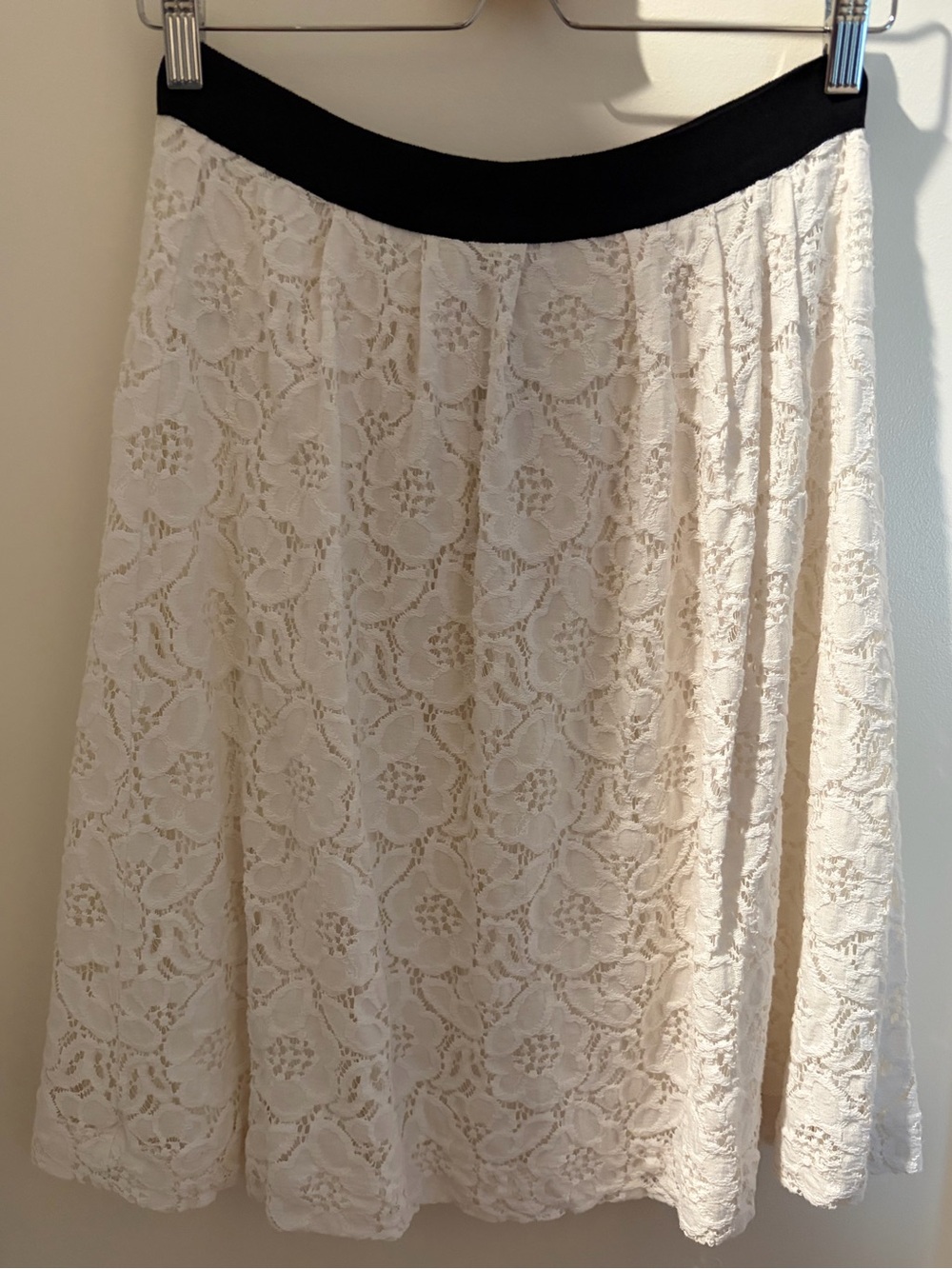 Cream Lace A-Line Skirt with Black Waistband